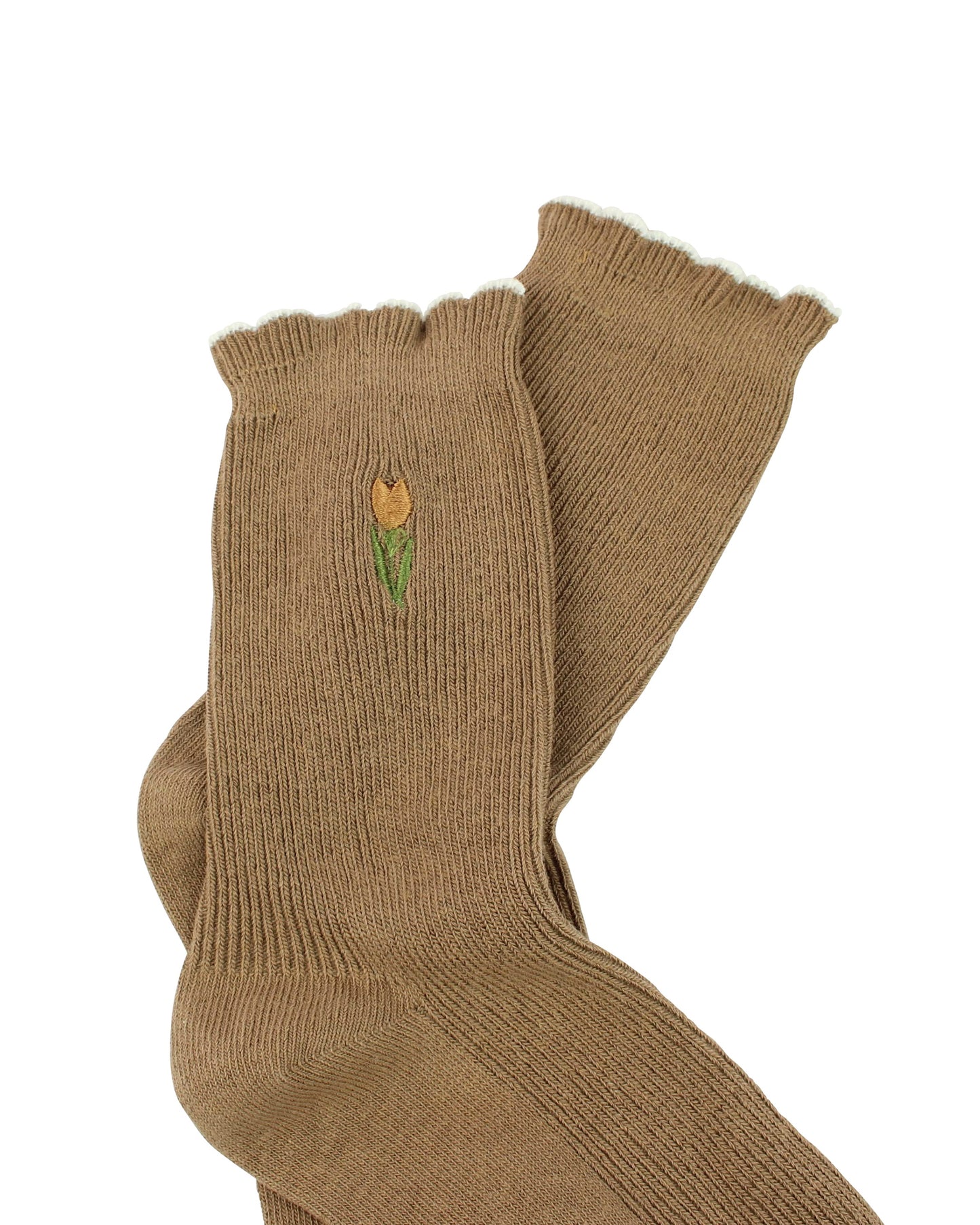 Brown socks with a tulip design on a white background