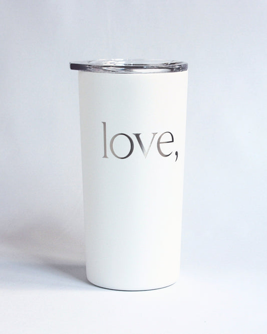 White tumbler with 'love' text on a light gray background
