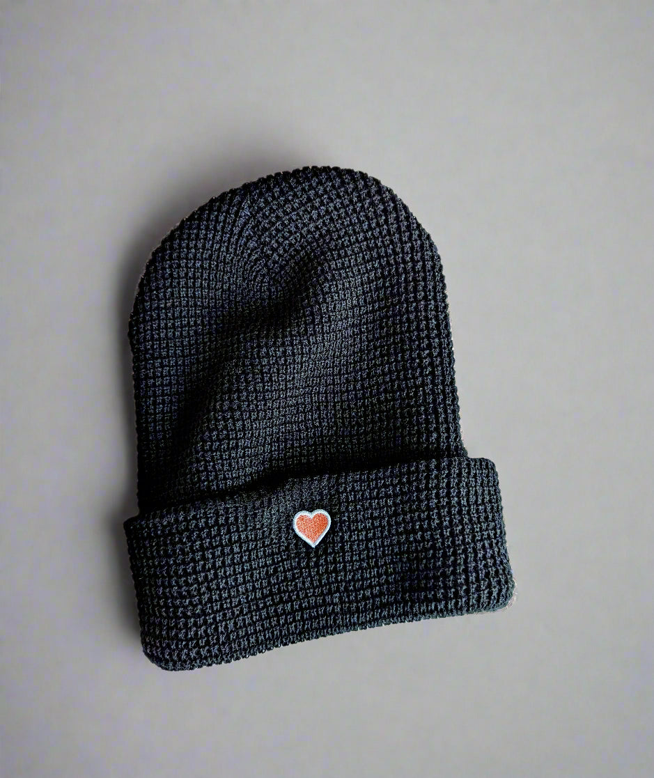 Heart Patch Waffle Beanie - Black