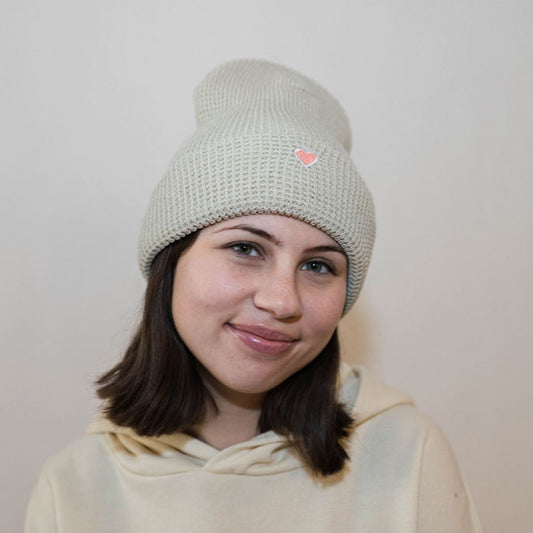 Heart Patch Waffle Beanie -  Birch