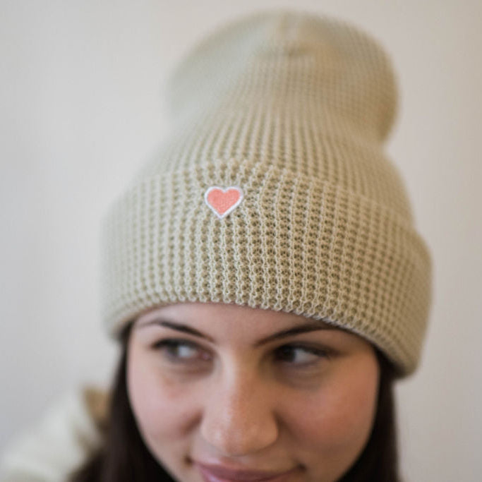 Heart Patch Waffle Beanie - Birch