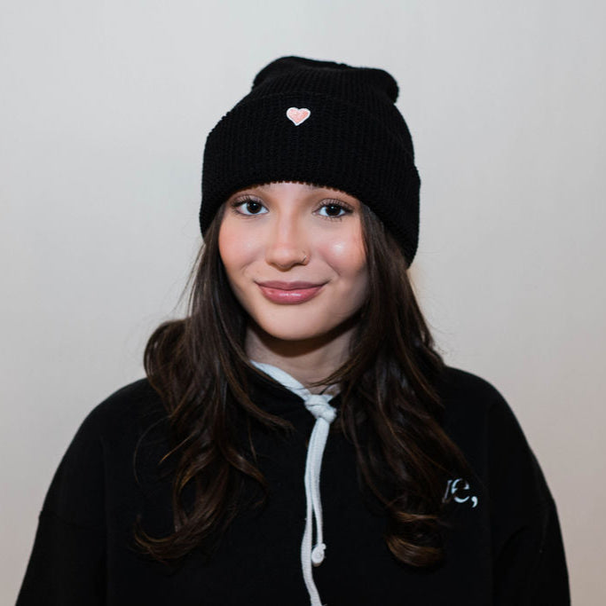 Heart Patch Waffle Beanie - Black