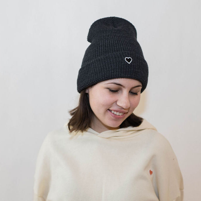 Heart Patch Waffle Beanie - Charcoal