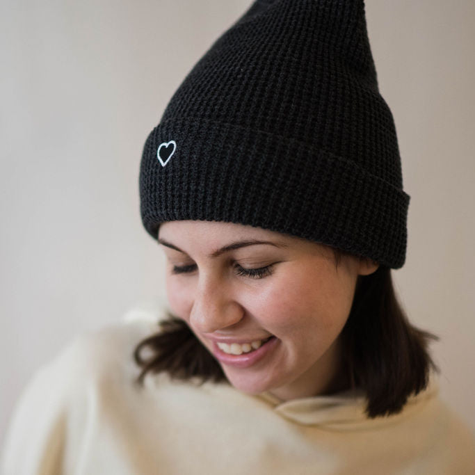 Heart Patch Waffle Beanie - Charcoal