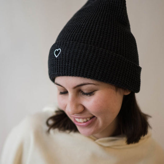 Heart Patch Waffle Beanie - Charcoal