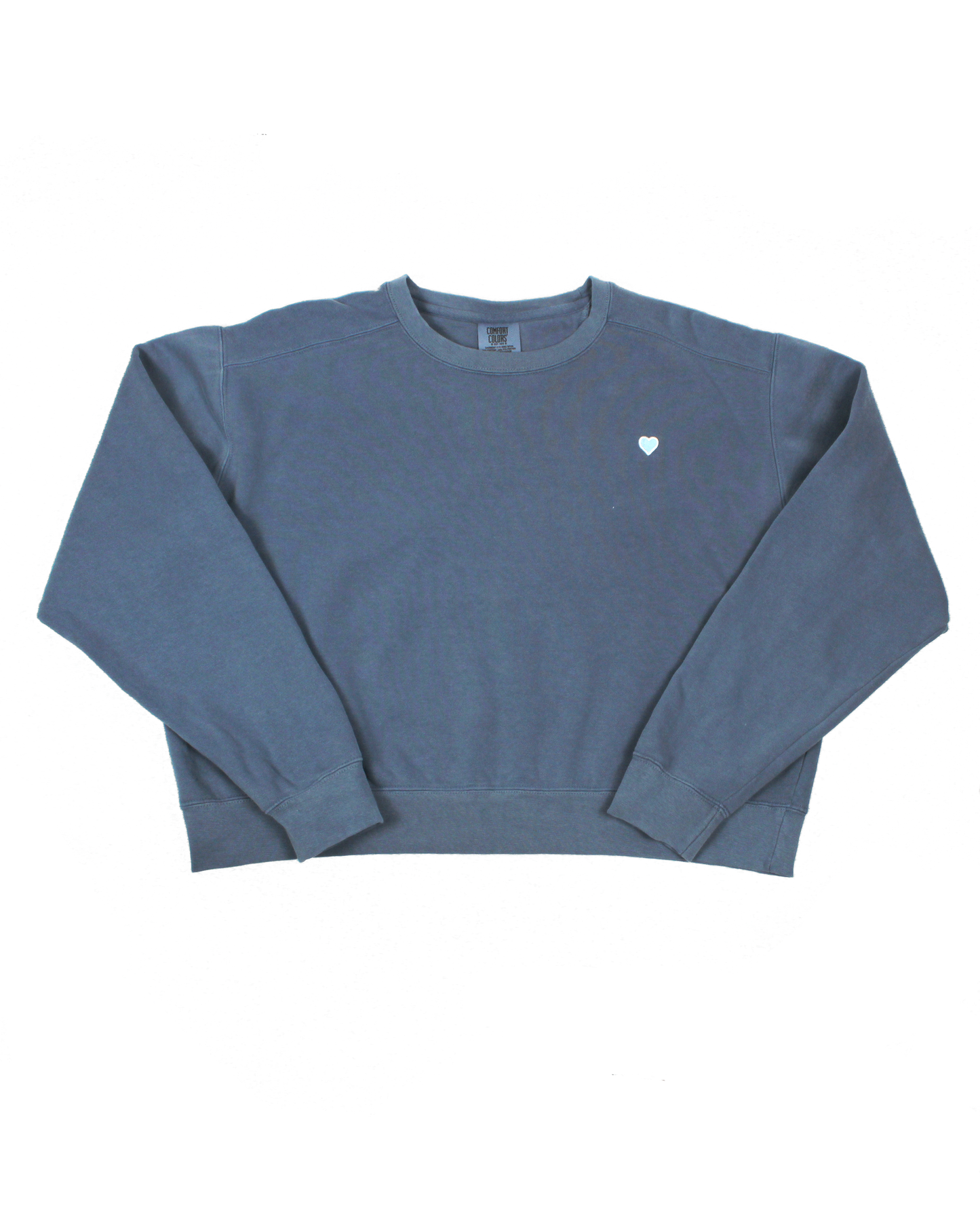 blue sweatshirt with blue heart patch on white background
