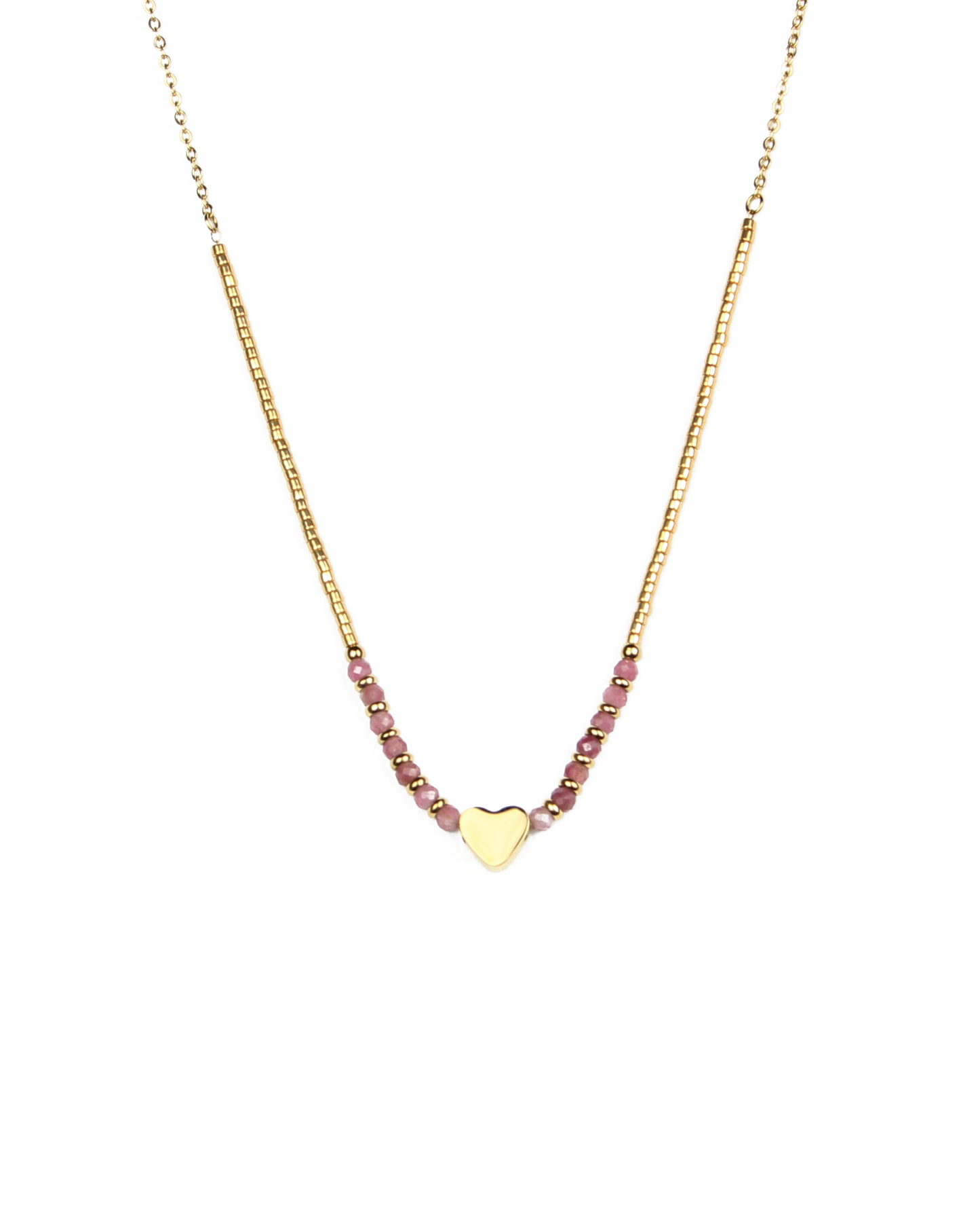 Gold necklace with pink beads and a heart charm on a white background