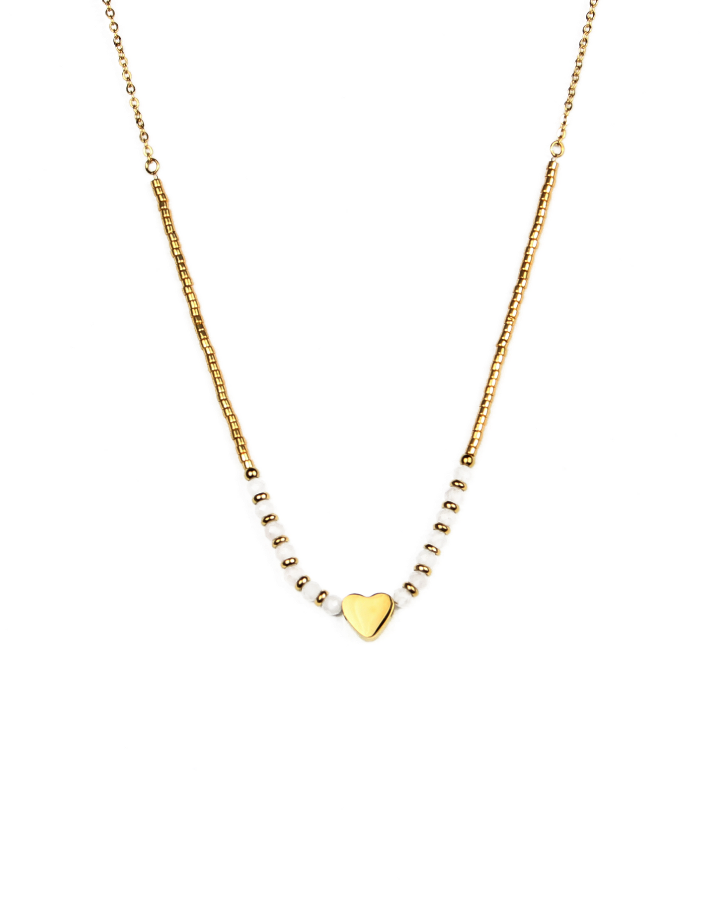 Gold necklace with a heart pendant on a white background