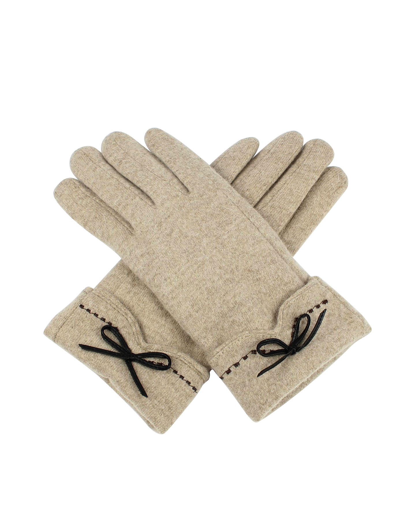 Pair of beige gloves with black bow details on a white background