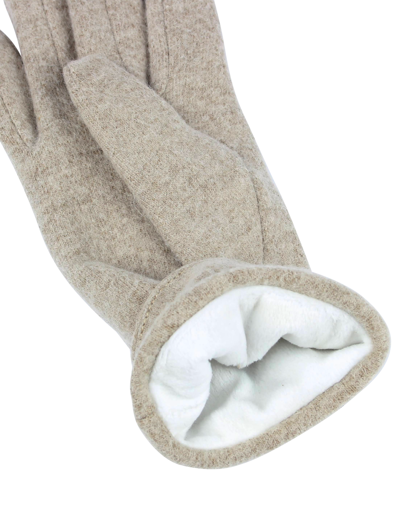 Beige gloves with white lining on a white background