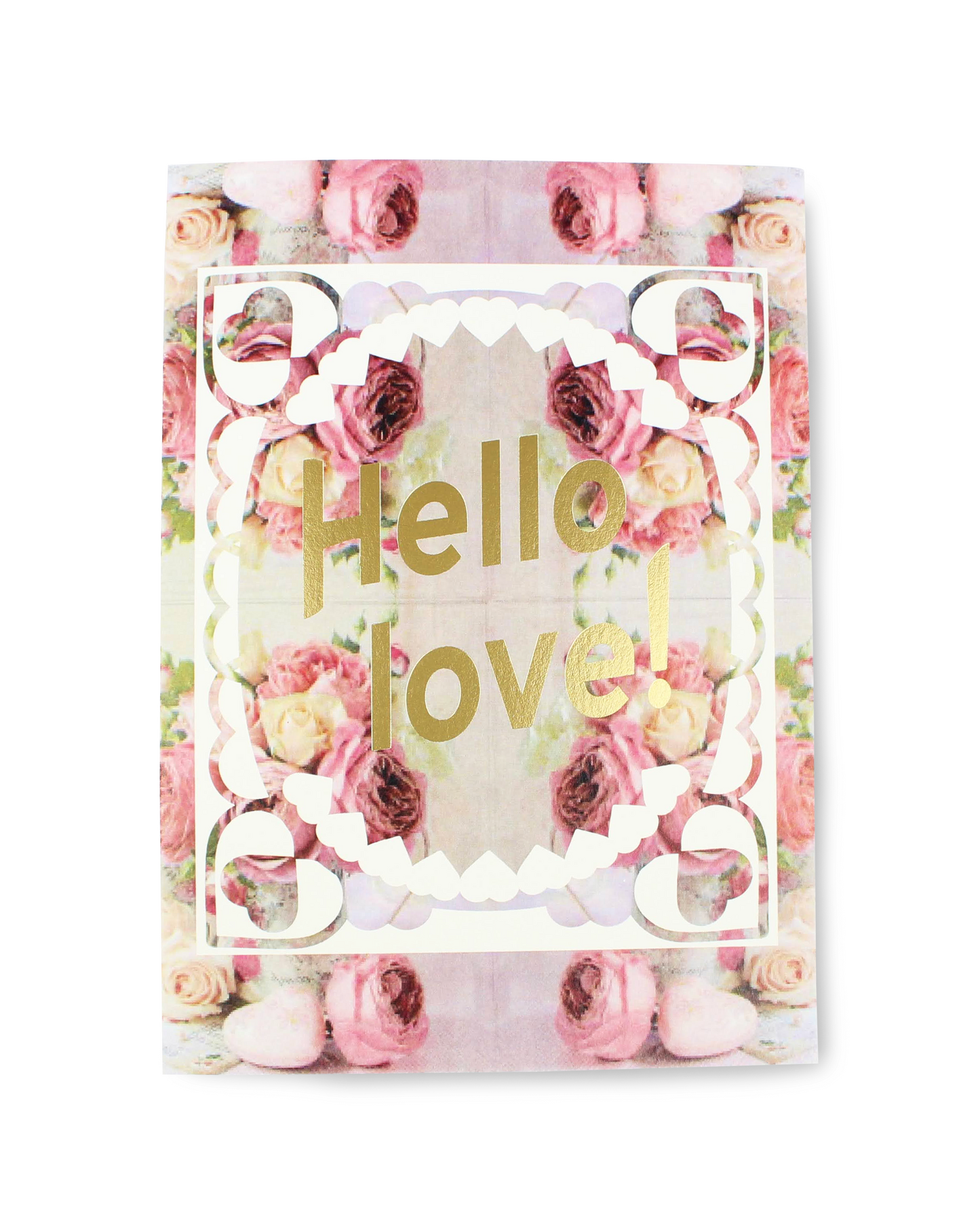 Floral notebook with 'Hello love!' text on a white background