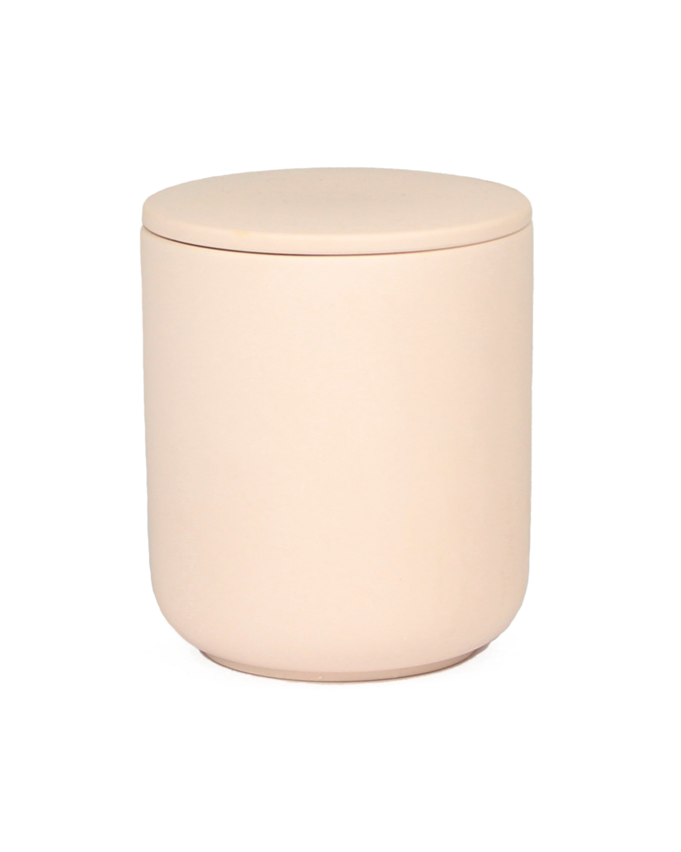 Pink cylindrical container with a lid on a white background