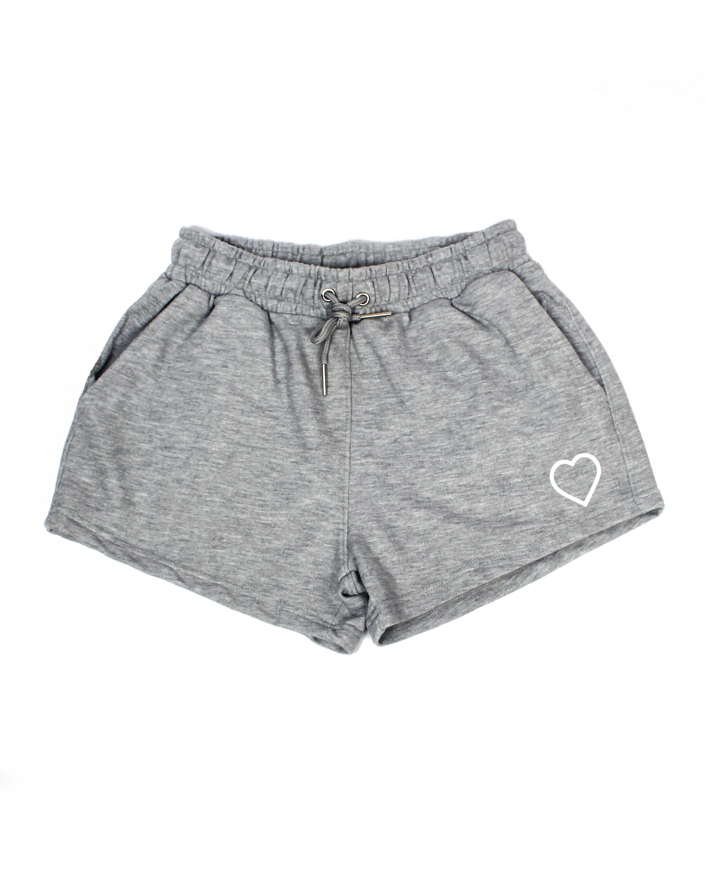 Gray shorts with a heart logo on a white background