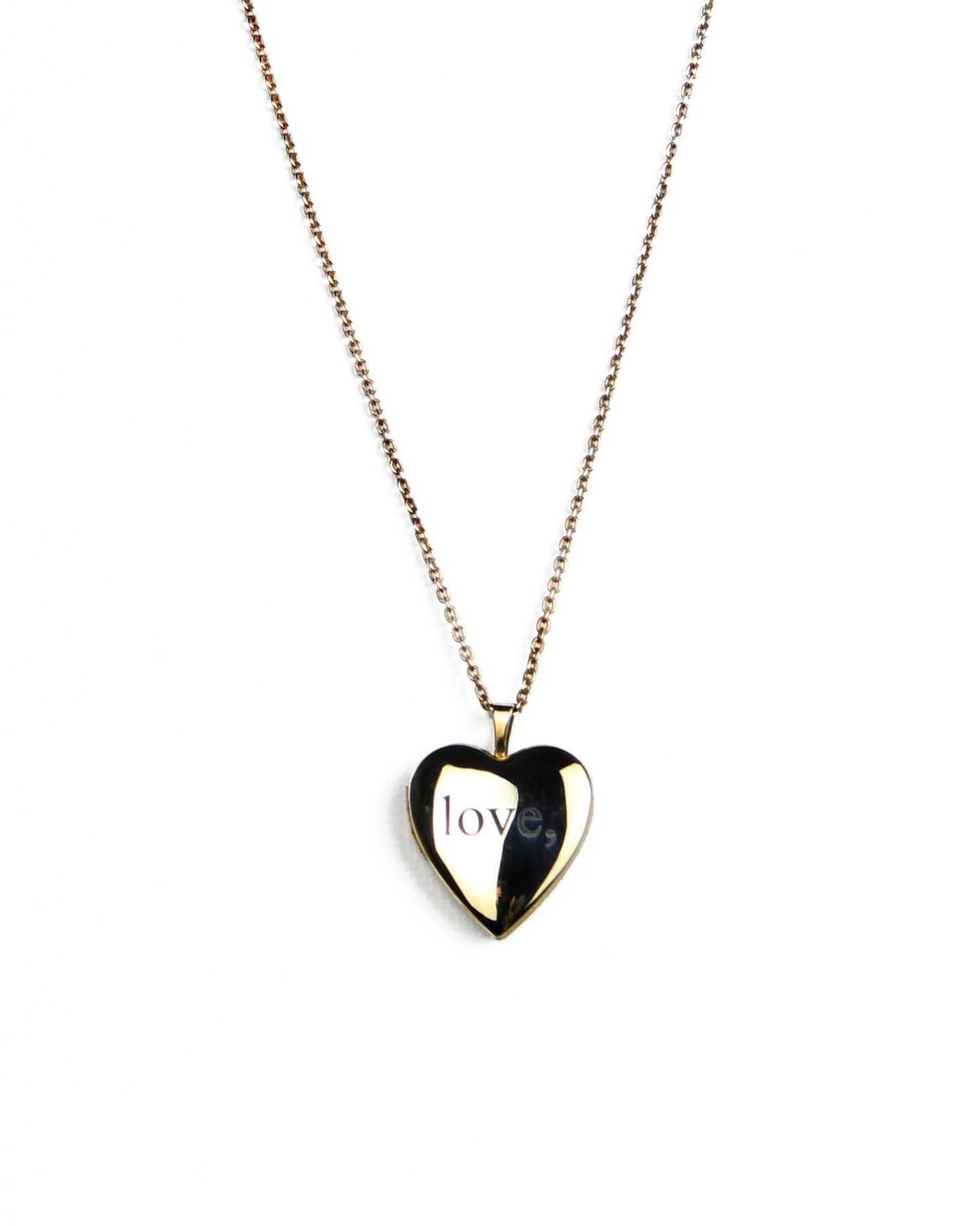 Heart-shaped pendant necklace with 'love,' engraving on a white background