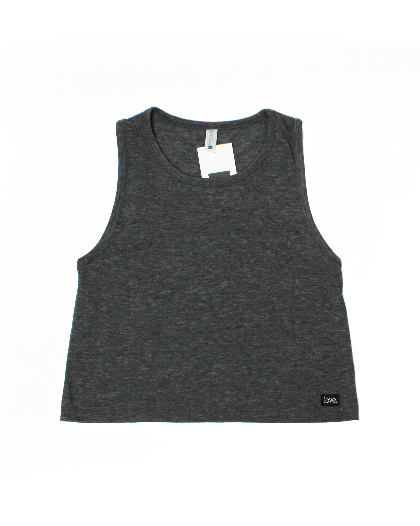 Gray tank top with a tag on a white background