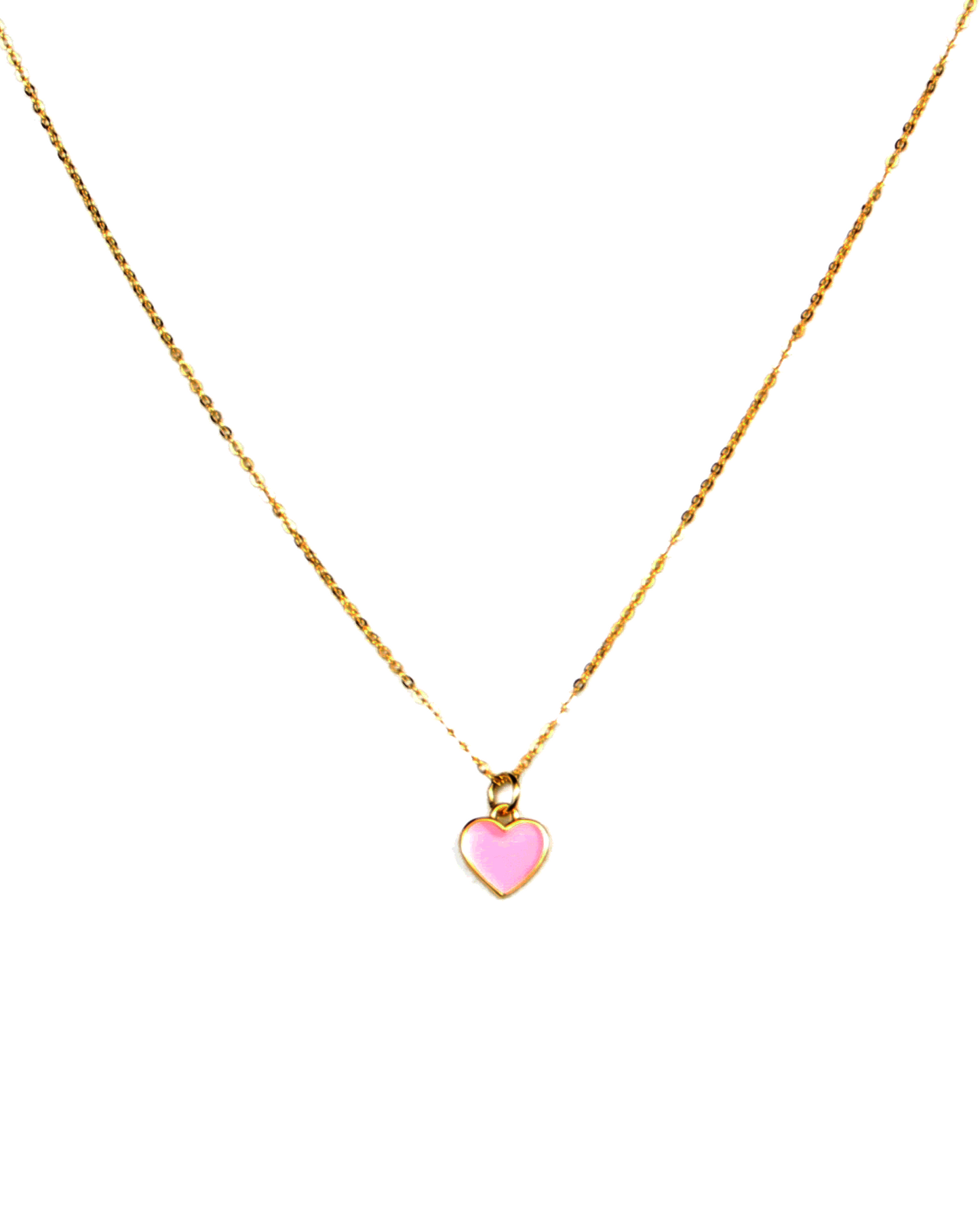 Gold necklace with a pink heart pendant on a white background