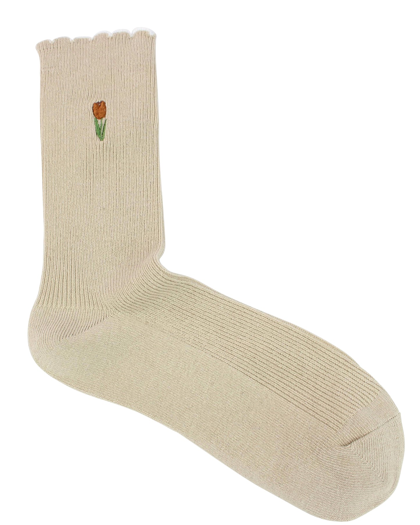 Beige sock with a small embroidered design on a white background