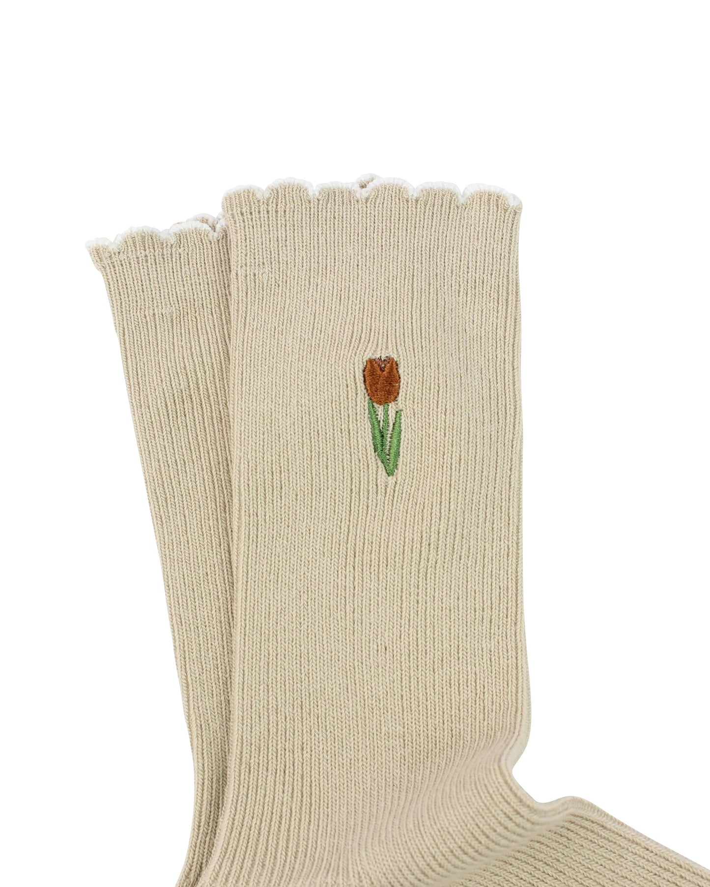 Beige socks with a tulip design on a white background