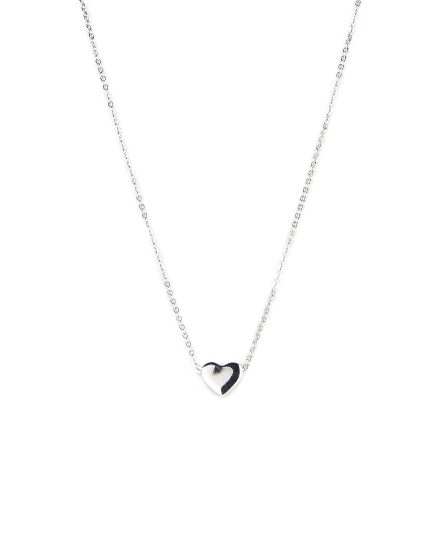 Silver heart-shaped pendant necklace on a white background