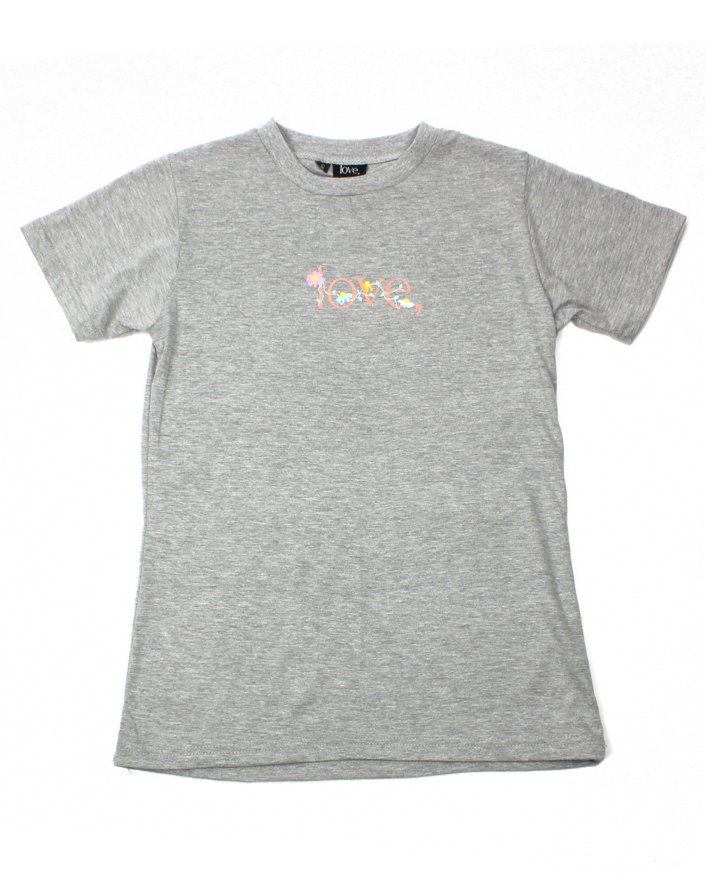 Gray t-shirt with colorful graphic on a white background