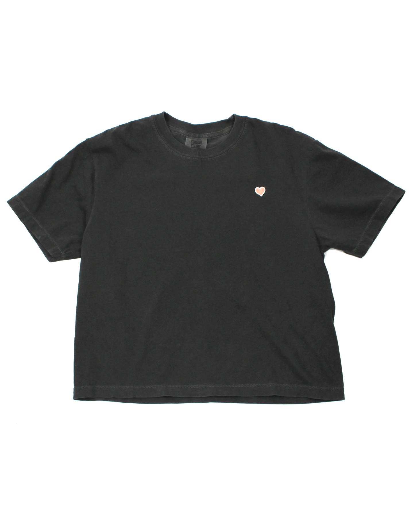 dark grey t-shirt with pink heart on left chest