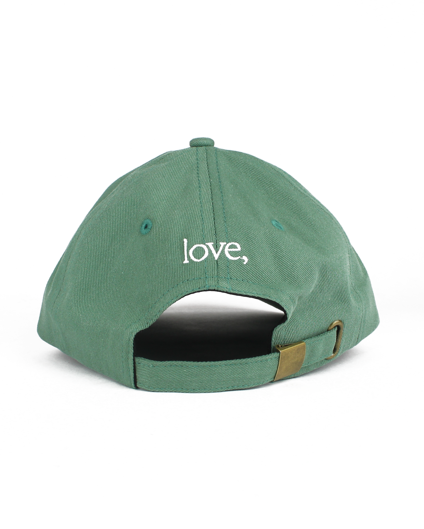 Green cap with 'love' embroidered on the back against a white background