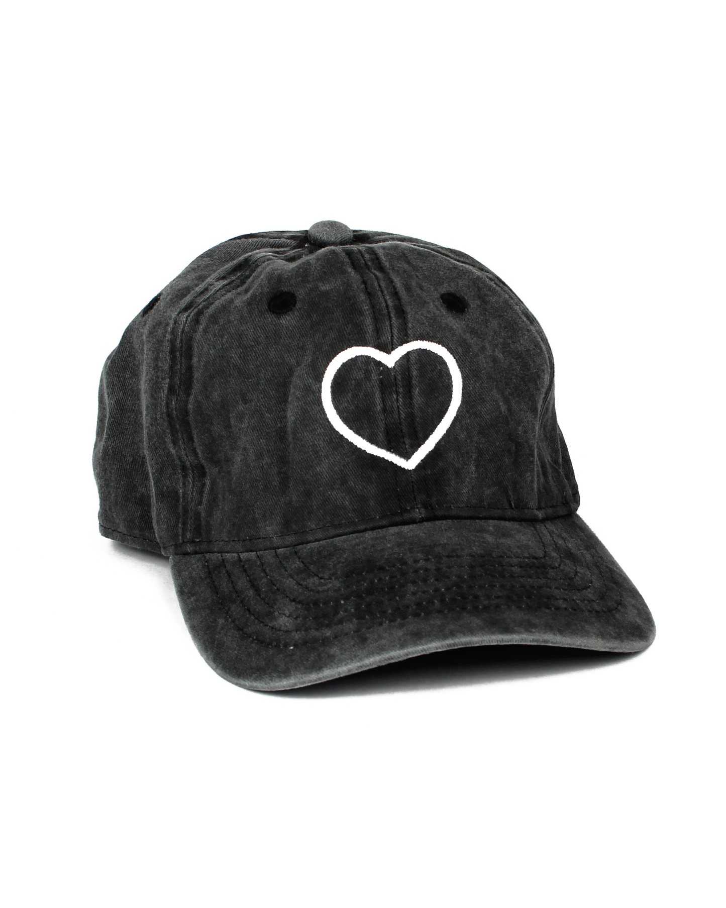 Black cap with a white heart design on a white background