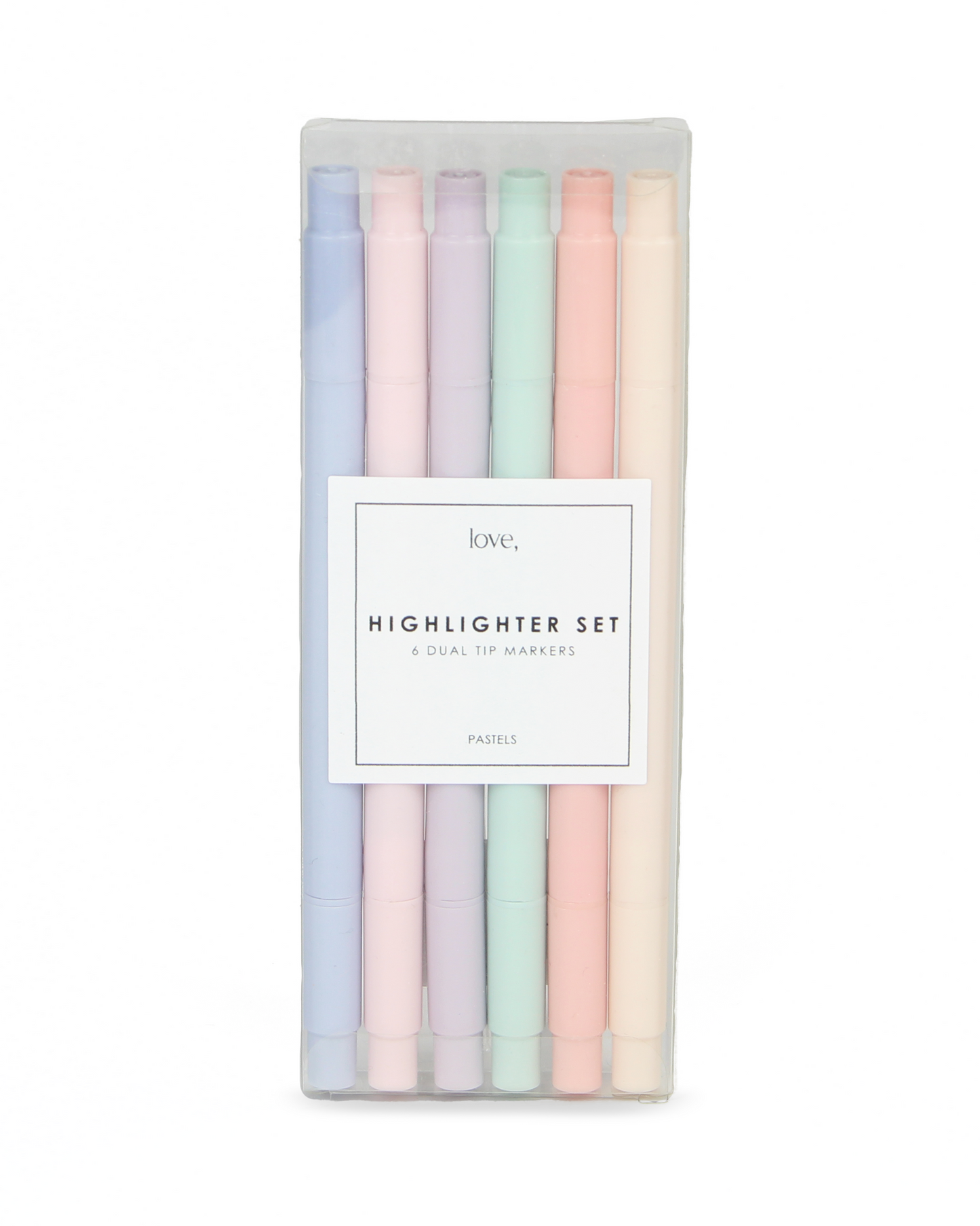 Set of pastel-colored highlighters in a clear plastic case with a white label on a white background.