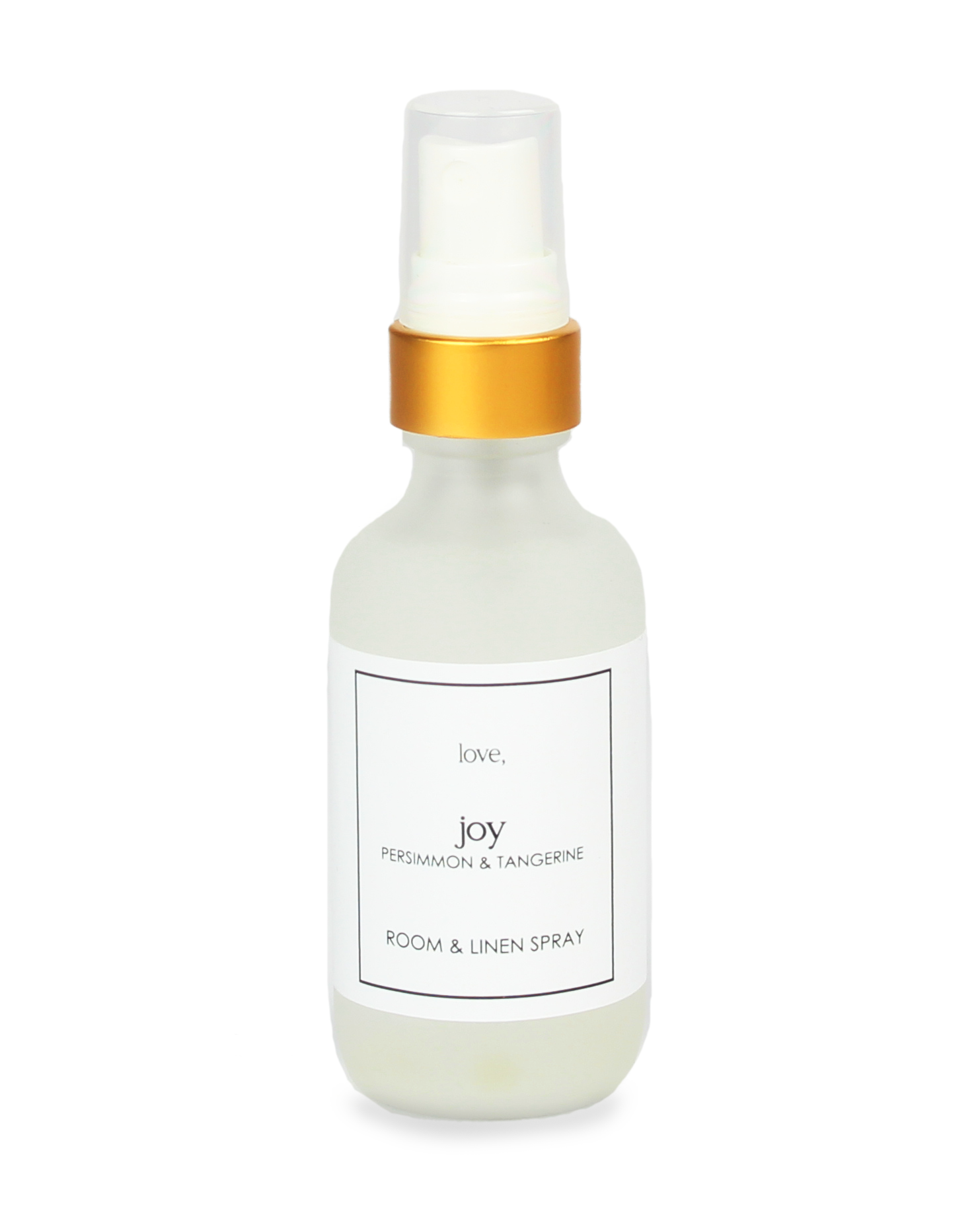 Room and linen spray bottle with gold cap on a white background