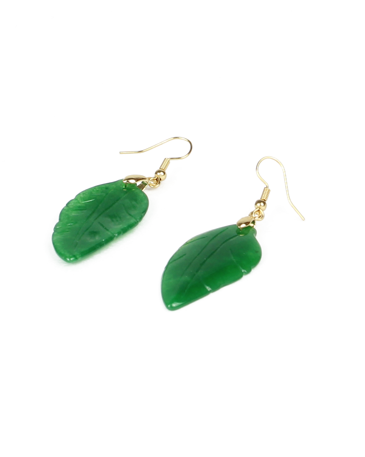 Green leaf-shaped earrings with gold hooks on a white background
