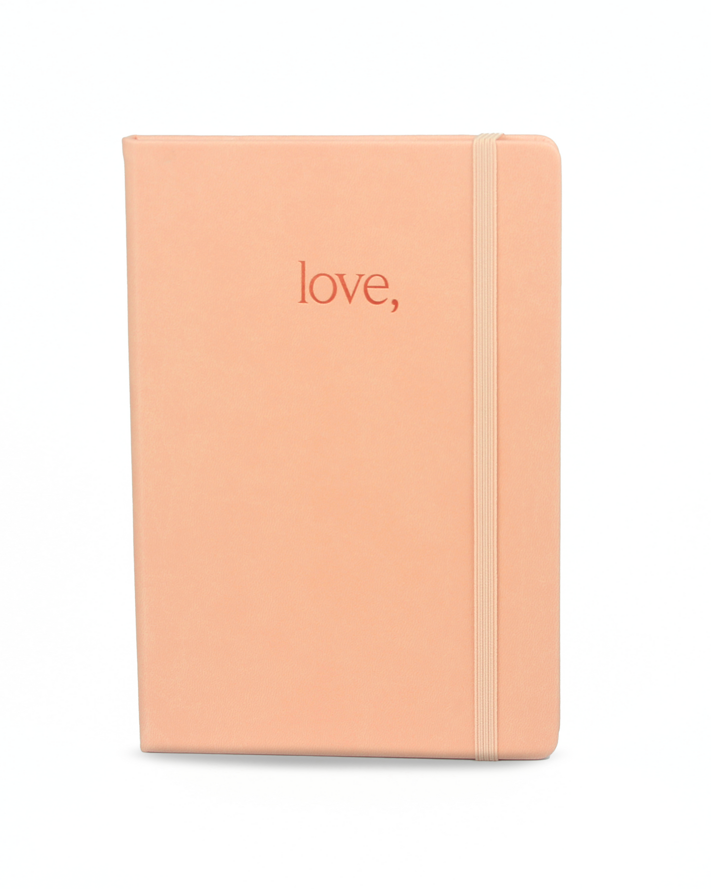 Coral-colored journal with 'love,' text on a white background