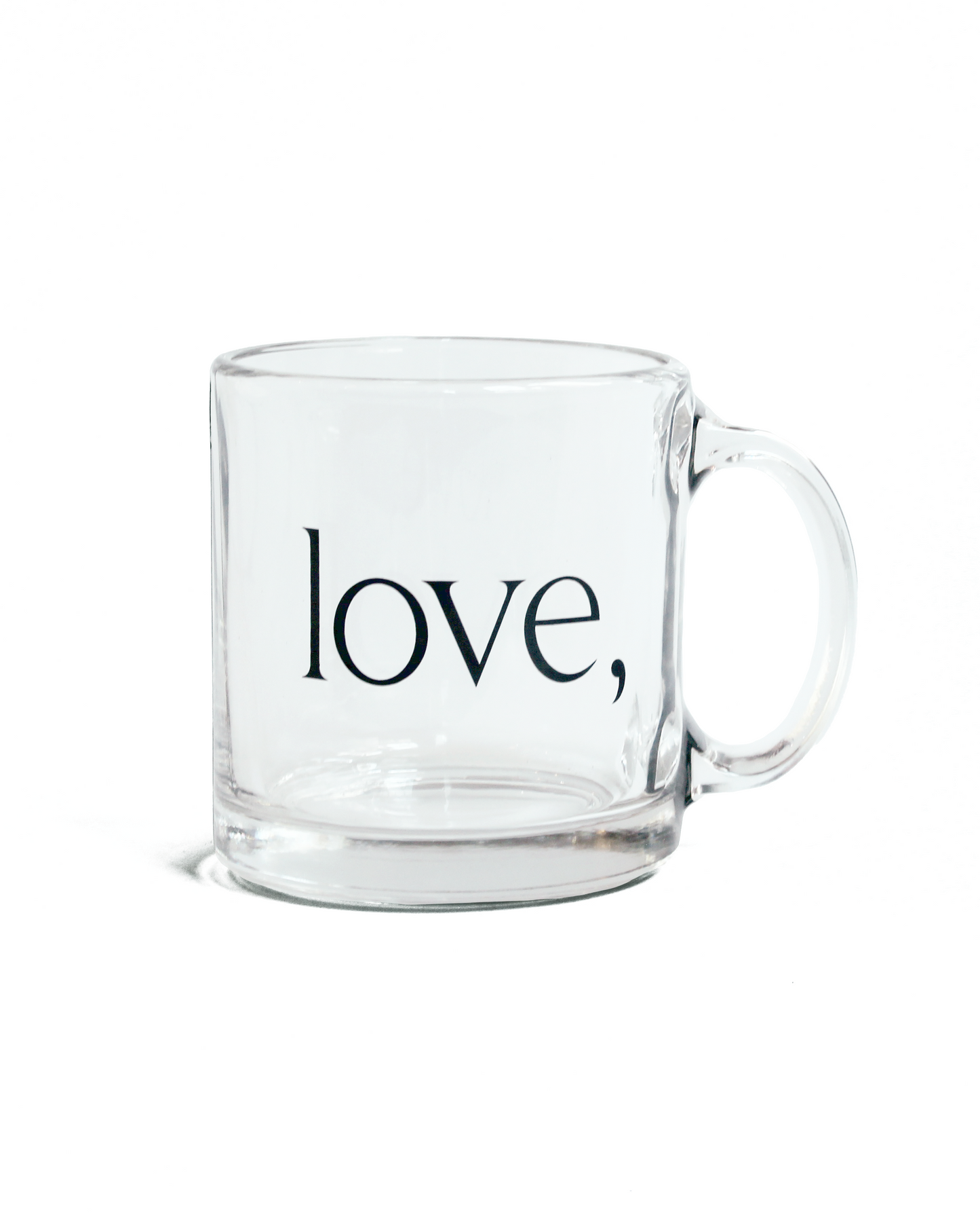 Clear glass mug with 'love,' logo on a white background