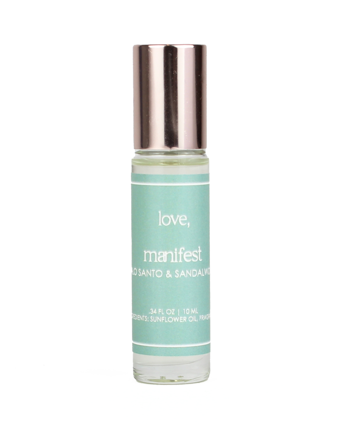 Small bottle of 'love, manifest' oil with a silver cap on a white background