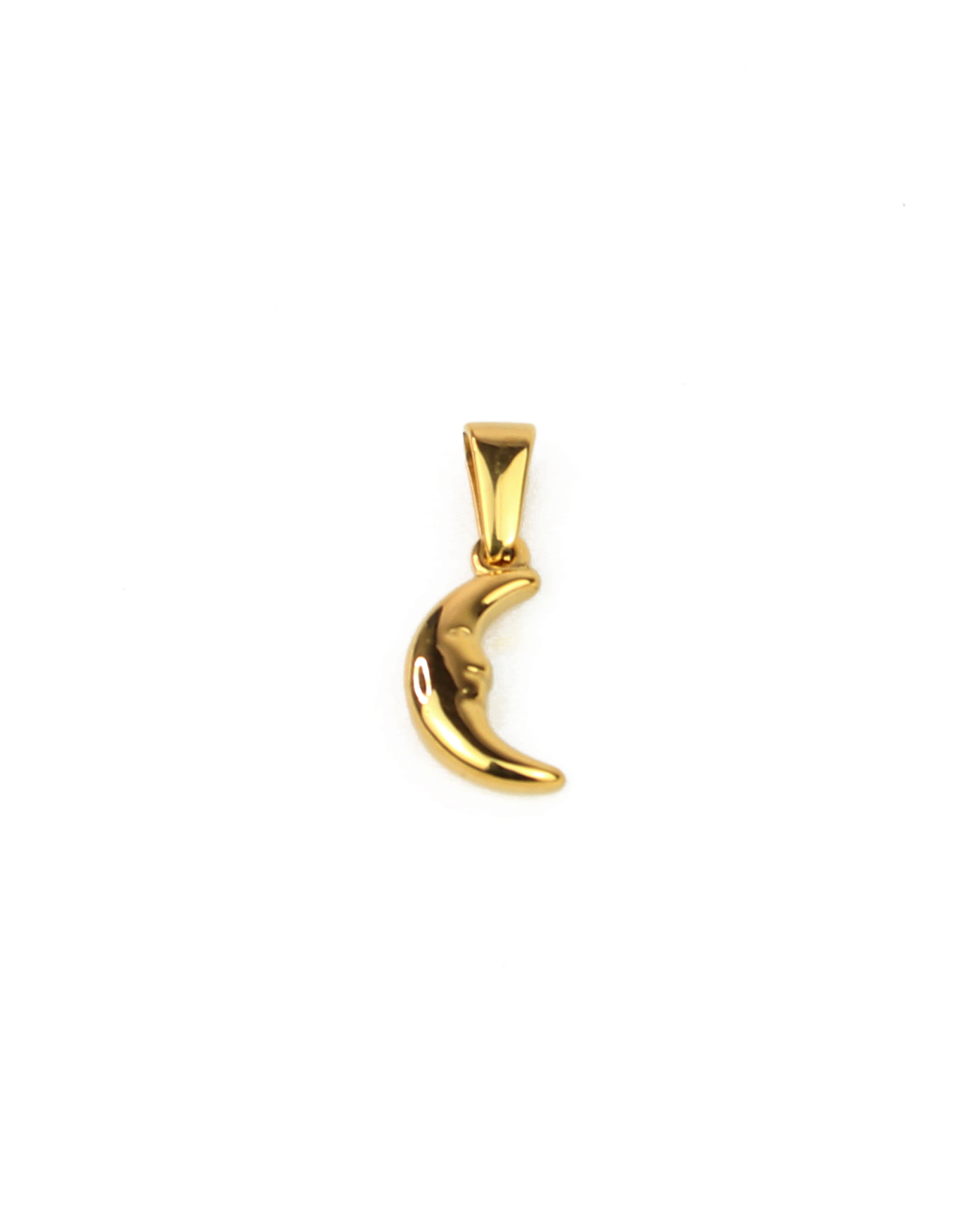 Gold crescent moon pendant on a white background