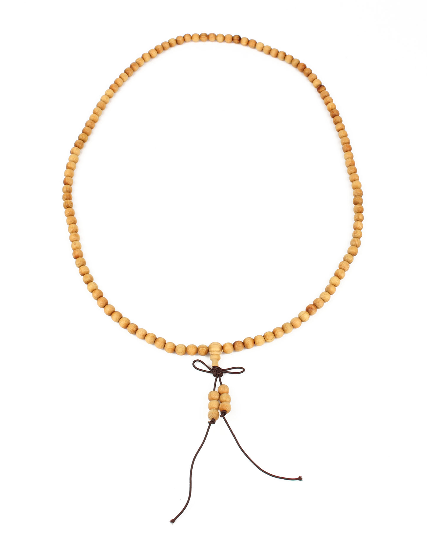 Wooden beaded necklace with a black cord on a white background