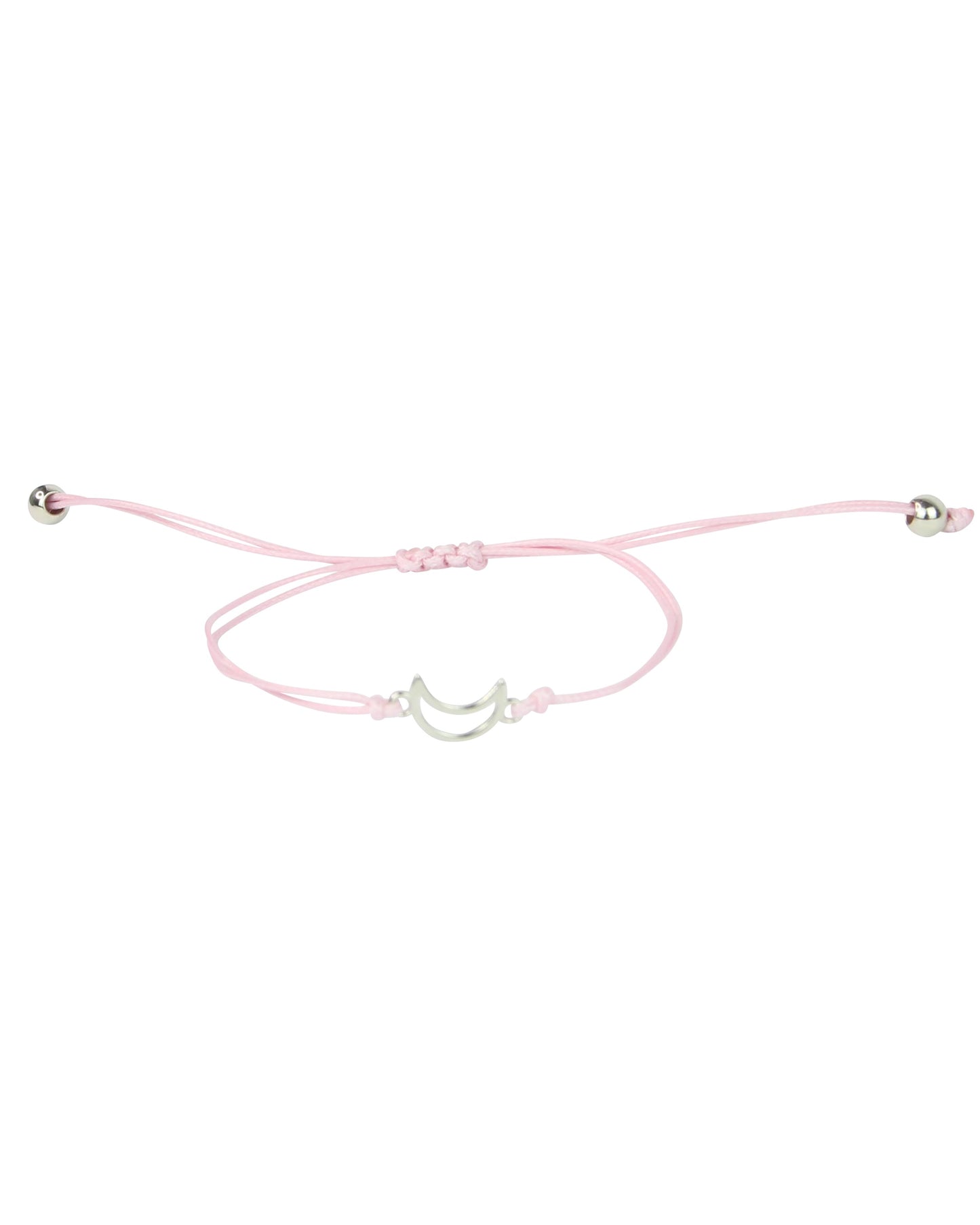 Pink bracelet with a silver moon charm on a white background
