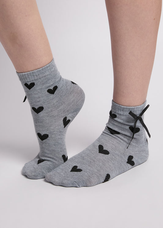 Heart Bow Socks - Grey