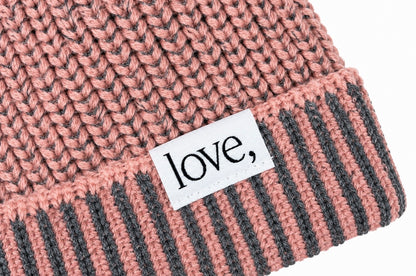 Contrast Knit Pom Beanie - Blush Grey