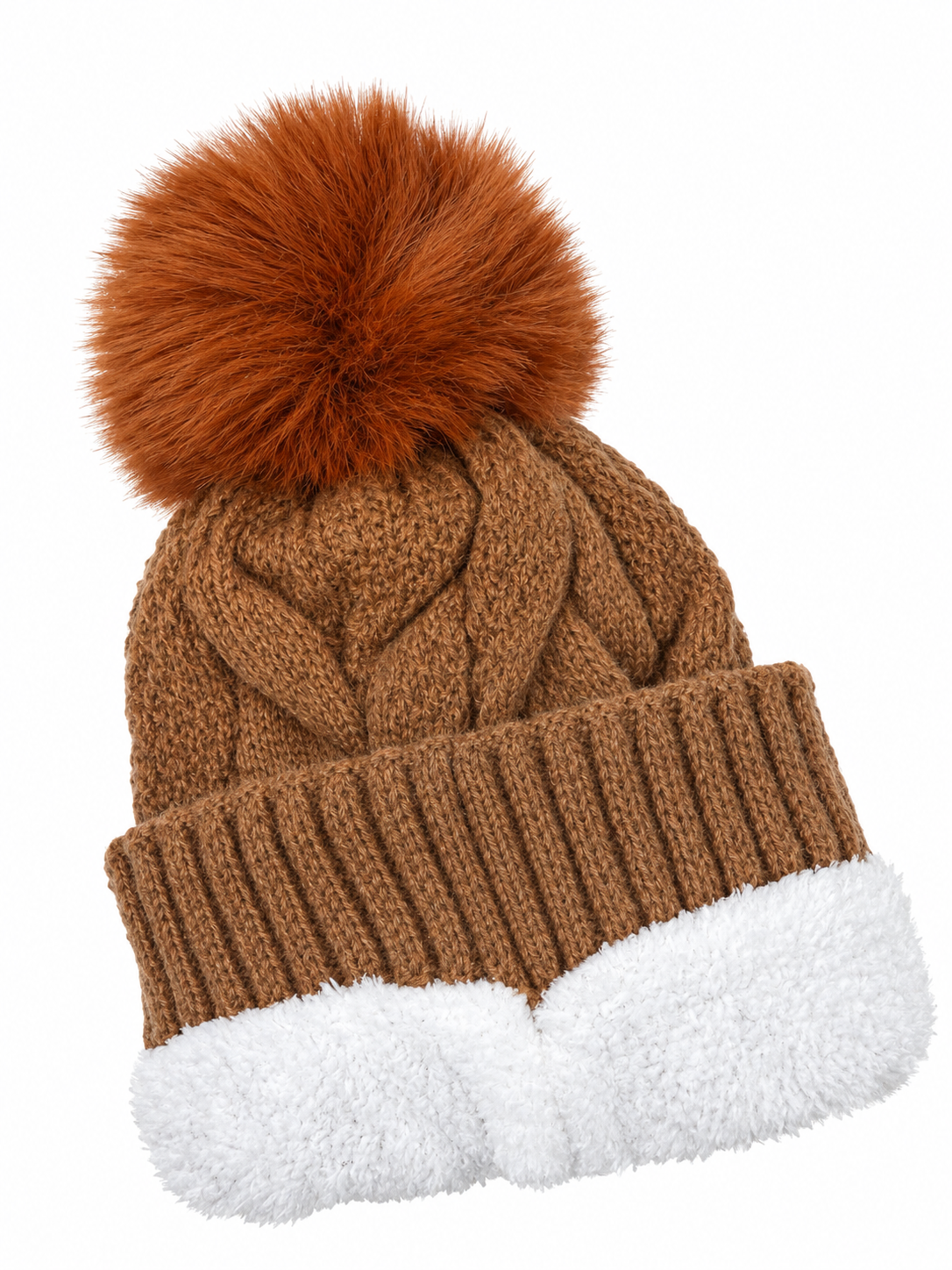 Cable Knit Pom Beanie - Caramel