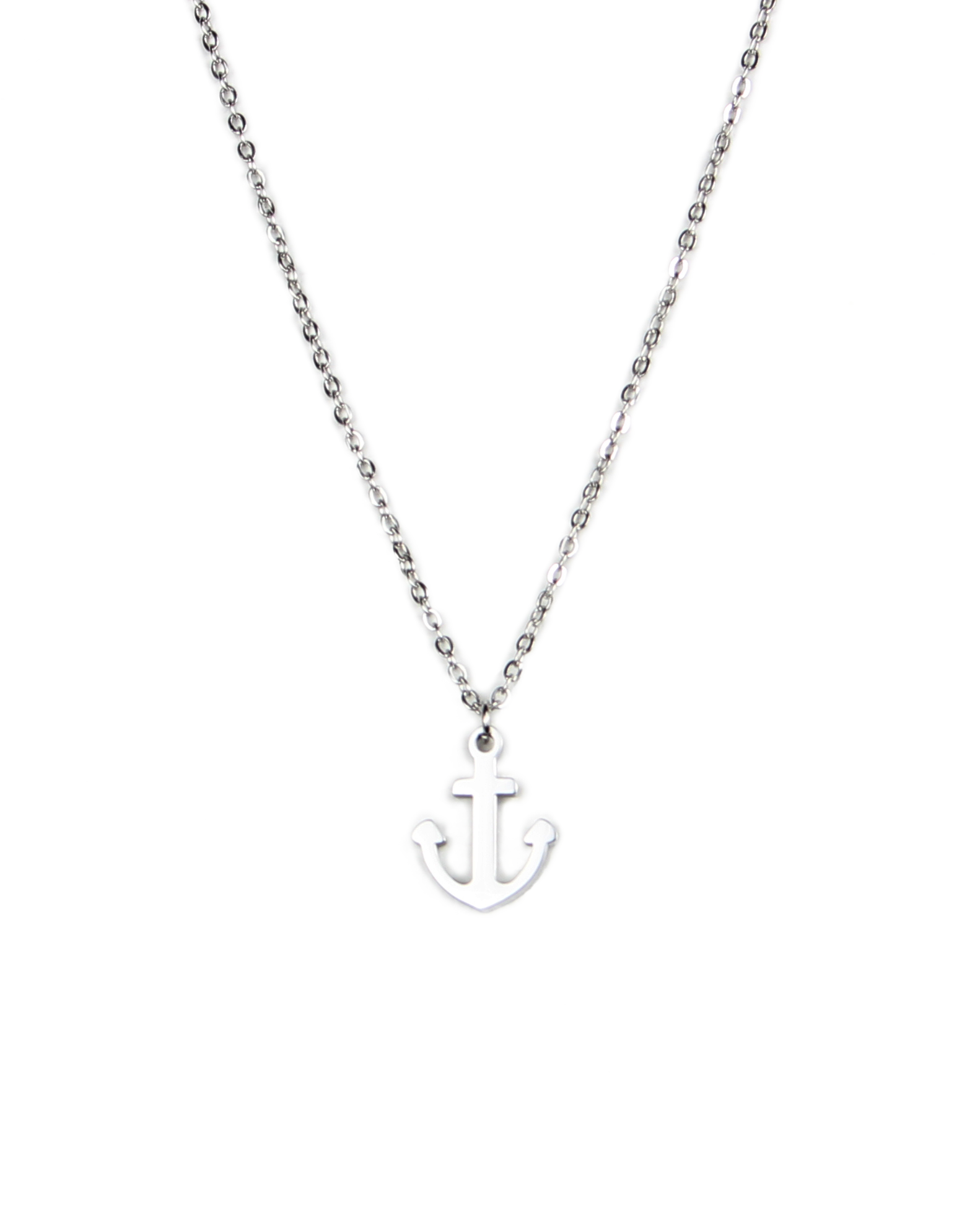 Silver anchor necklace on a white background