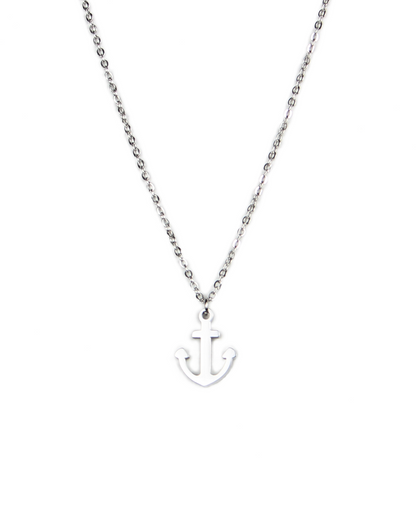 Silver anchor necklace on a white background