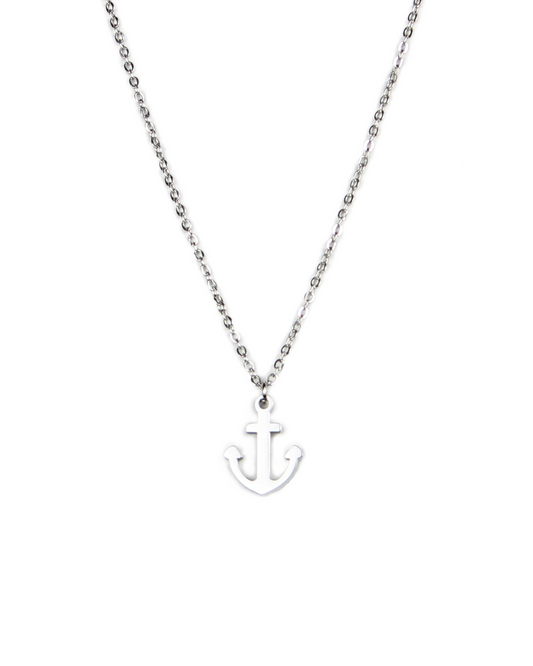 Silver anchor necklace on a white background