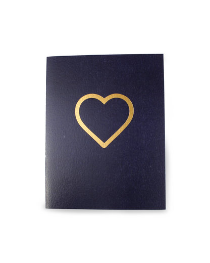 navy card with a gold heart design on a white background