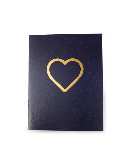 navy card with a gold heart design on a white background