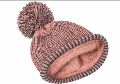 Contrast Knit Pom Beanie - Blush Grey