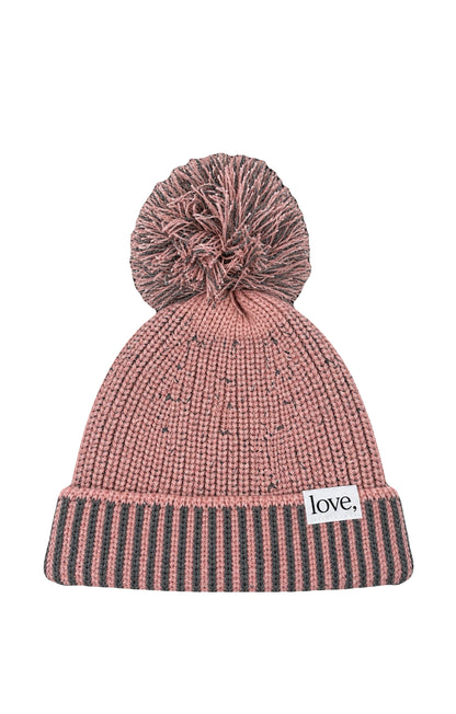 Contrast Knit Pom Beanie - Blush Grey