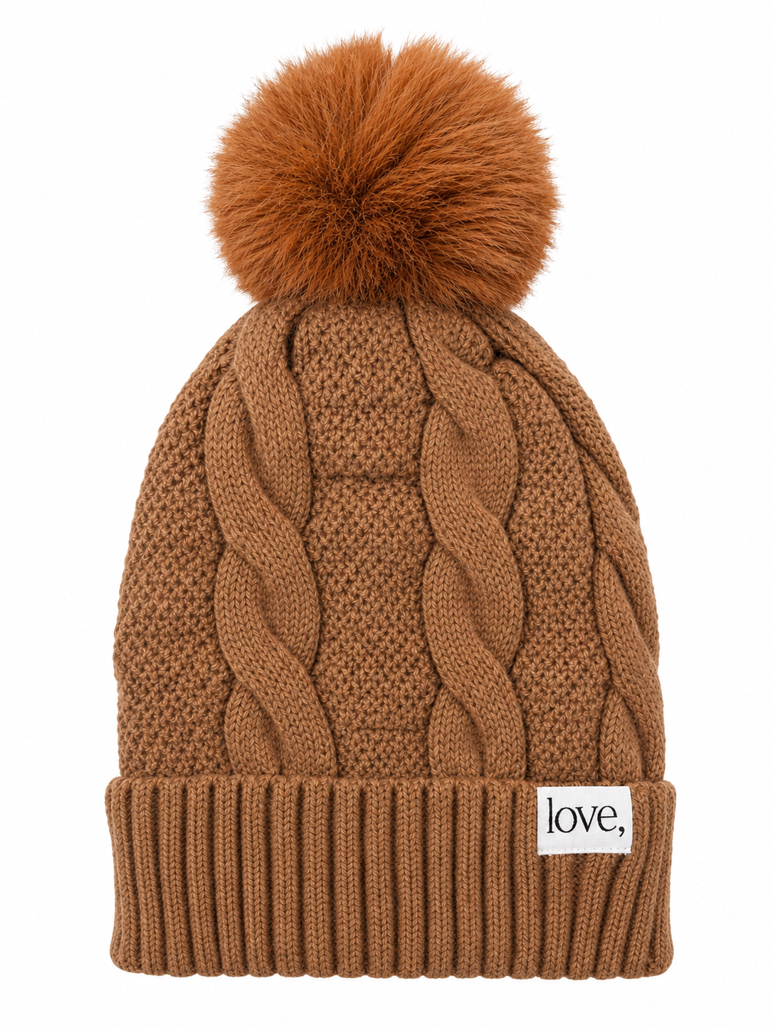 Cable Knit Pom Beanie - Caramel