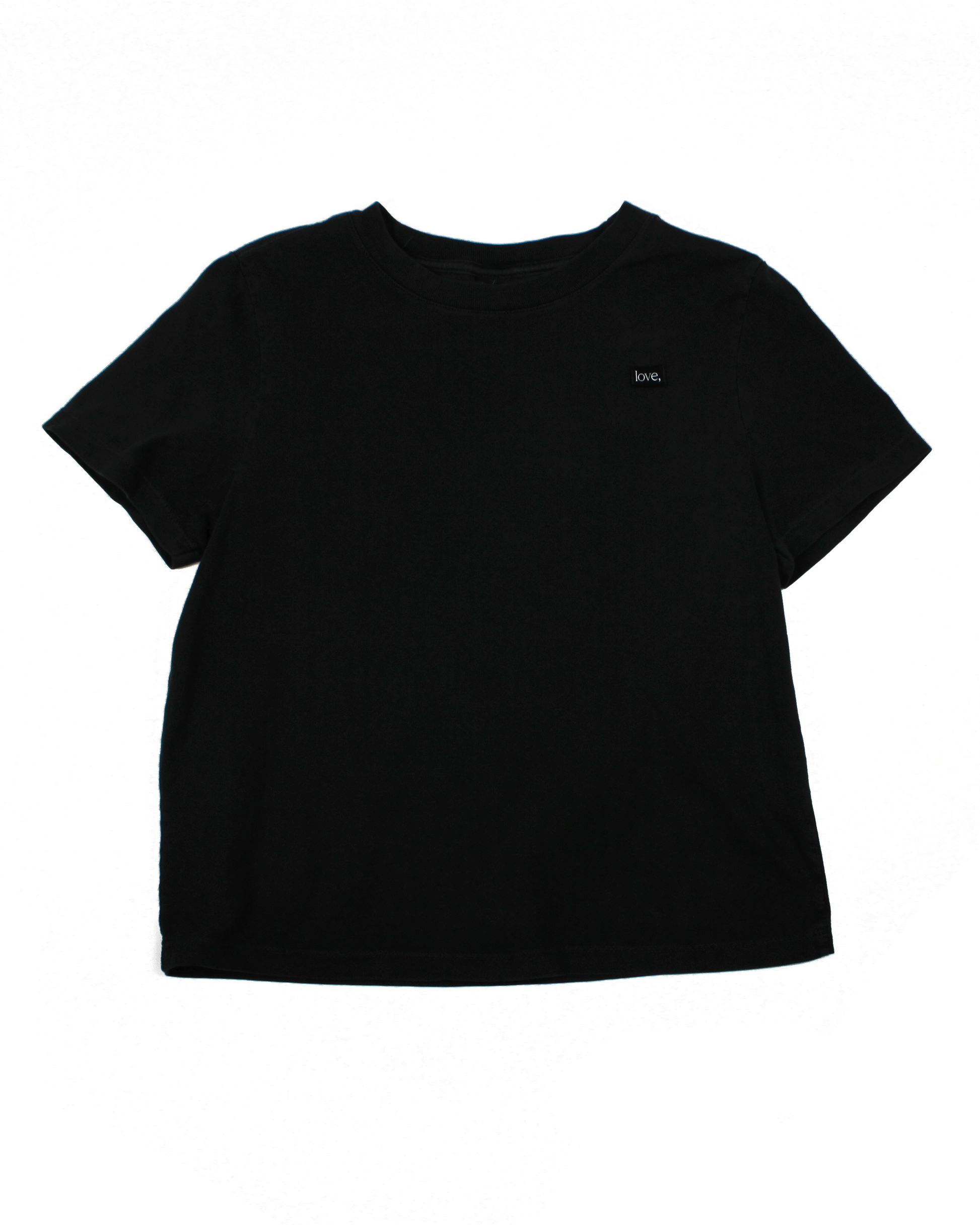 Black t-shirt with a small logo on a white background