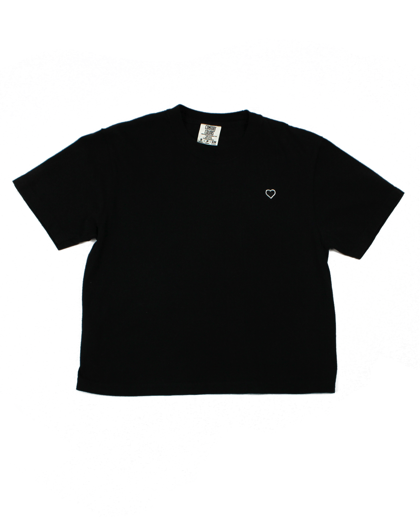 Black tee with a heart patch on a white background