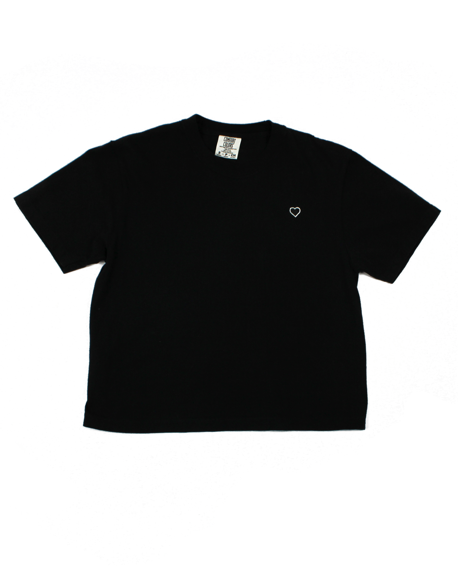 Black tee with a heart patch on a white background